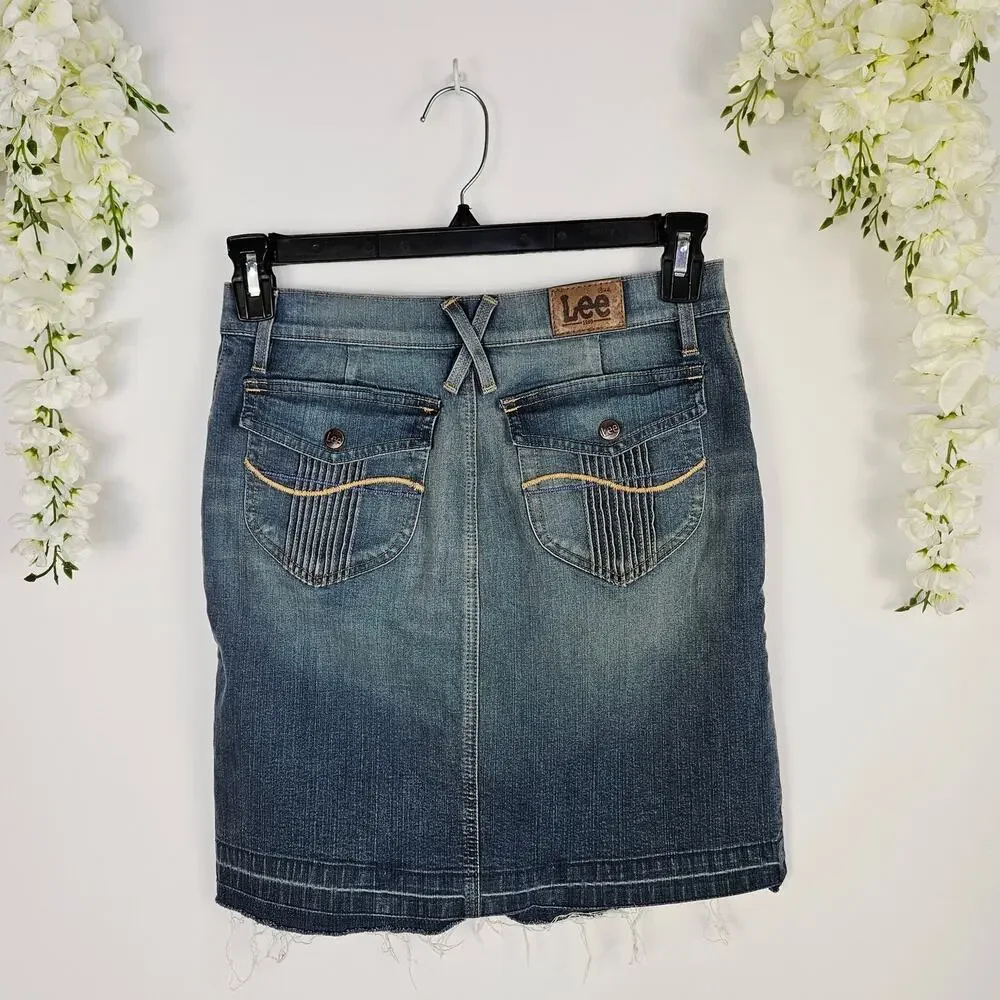 Y2K Lee Denim Skirt Juniors 3 Frayed Hem Button Pockets Stretch Slit Front